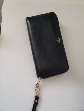 Fossil Black Leather Zip Wallet with Gold Hardware and Wrist Strap
